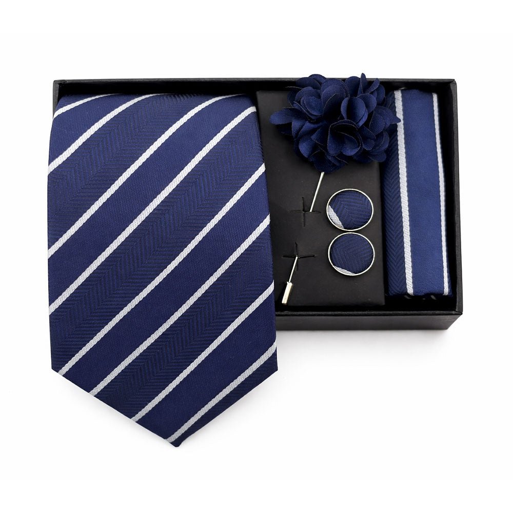 Men's Tie Set, Navy Blue with White Stripes, Necktie, Pocket Square, Cufflinks and Lapel Pin, Gift Box Included