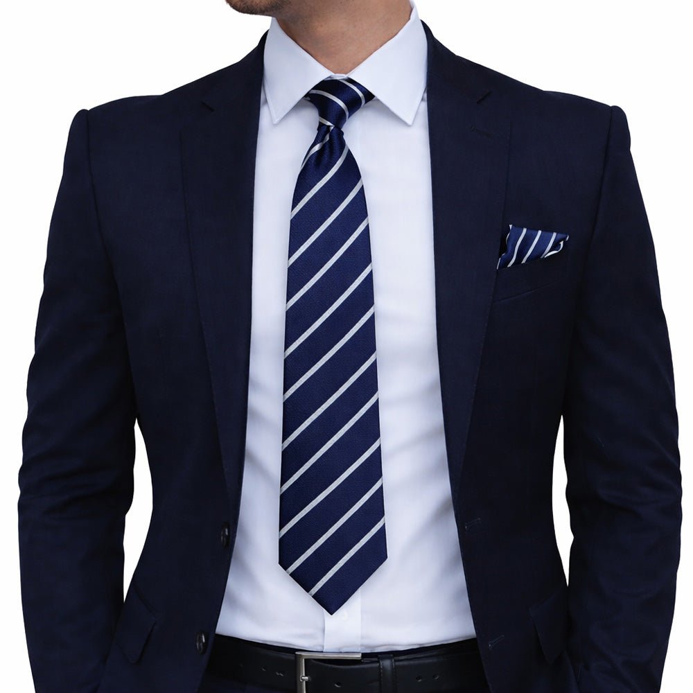 Men's Tie Set, Navy Blue with White Stripes, Necktie, Pocket Square, Cufflinks and Lapel Pin, Gift Box Included
