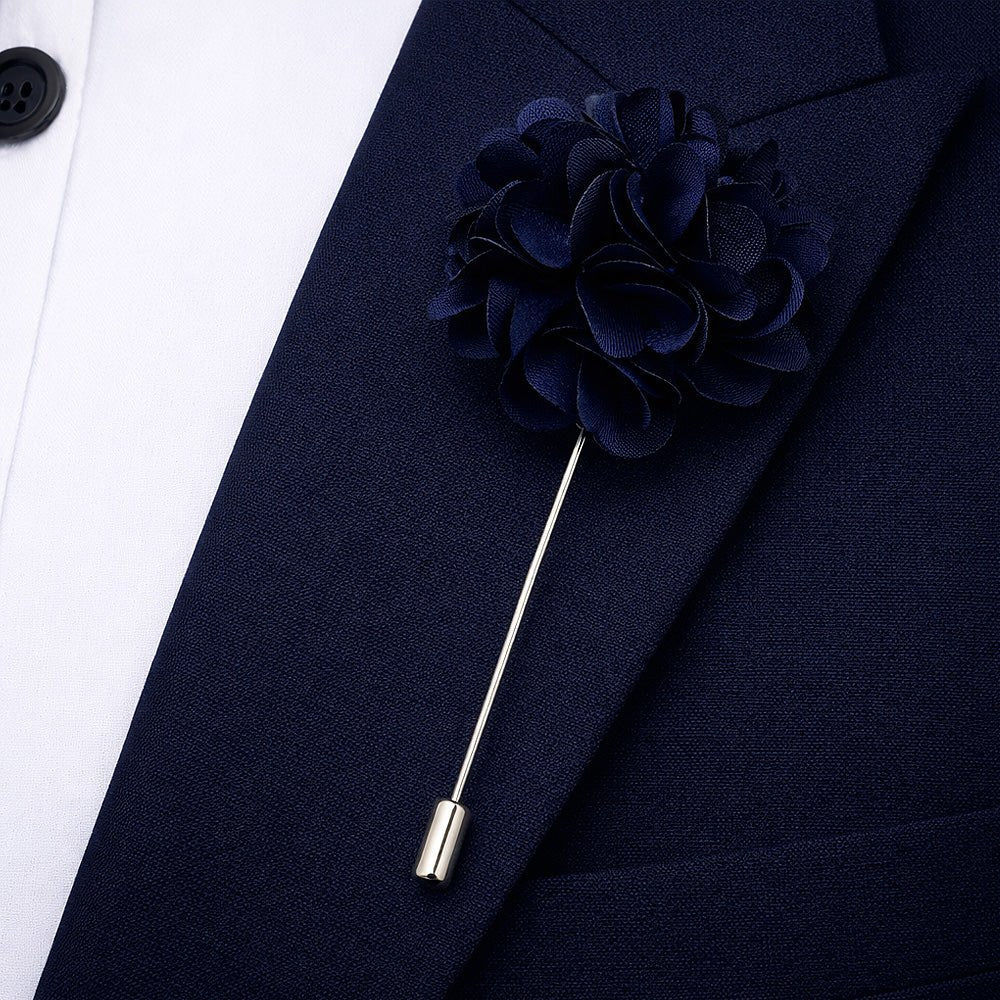 Men's Tie Set, Navy Blue with White Stripes, Necktie, Pocket Square, Cufflinks and Lapel Pin, Gift Box Included