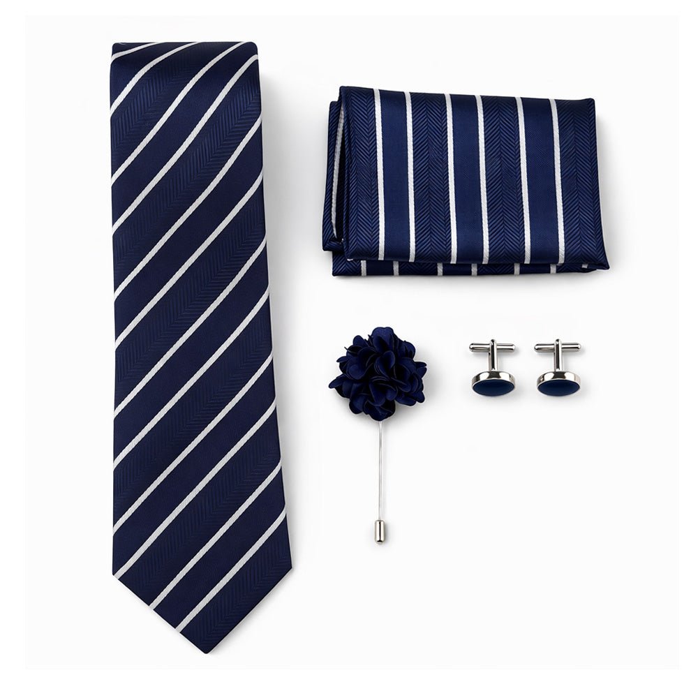 Men's Tie Set, Navy Blue with White Stripes, Necktie, Pocket Square, Cufflinks and Lapel Pin, Gift Box Included