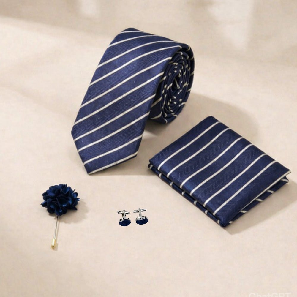 Men's Tie Set, Navy Blue with White Stripes, Necktie, Pocket Square, Cufflinks and Lapel Pin, Gift Box Included - Lucas Lia