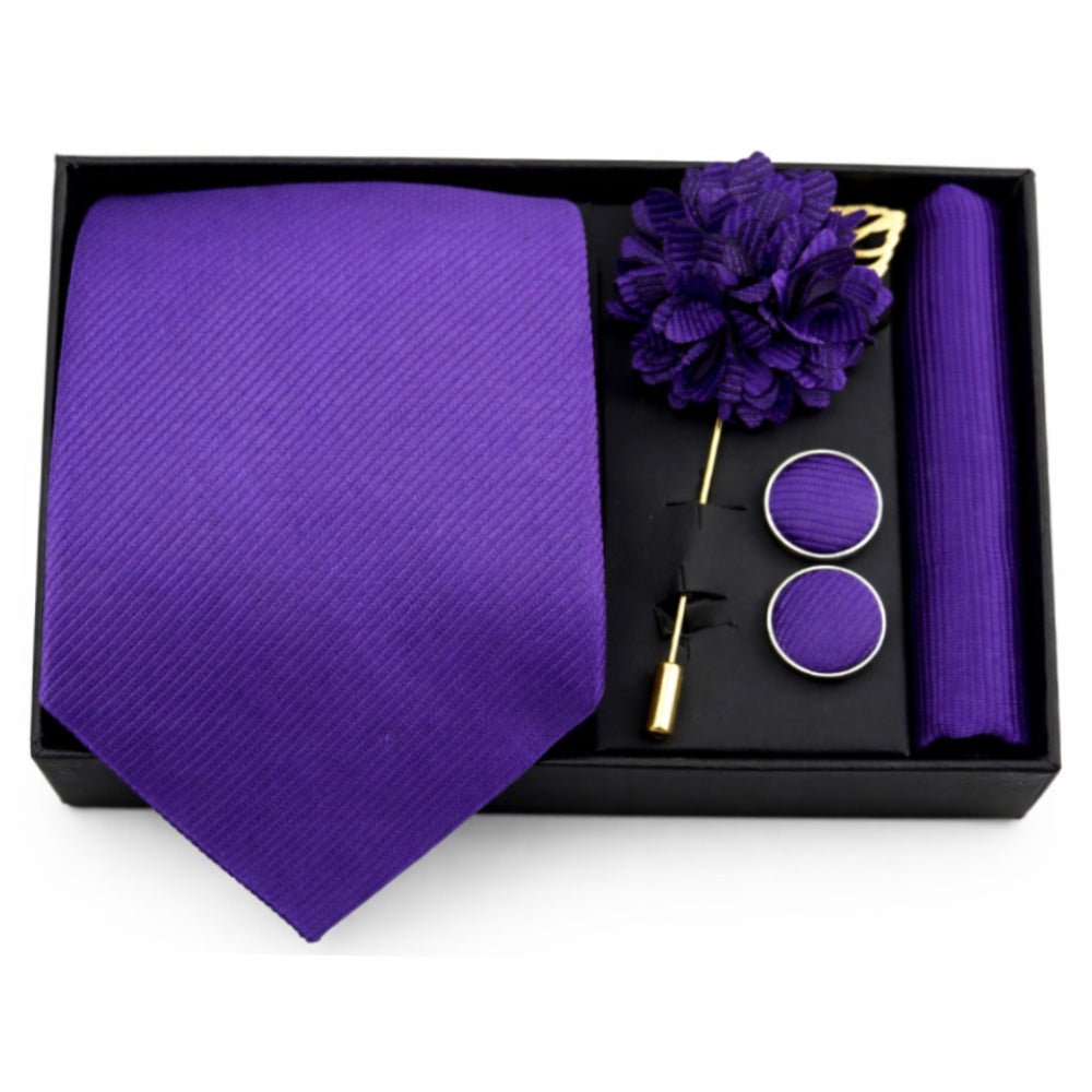 Men's Violet Tie Set with Pocket Square, Cufflinks, and Lapel Pin, Formal Gift Box