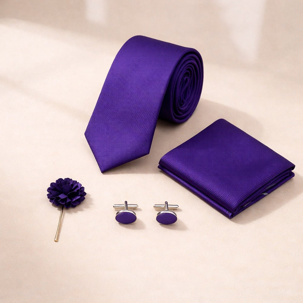 Men's Violet Tie Set with Pocket Square, Cufflinks, and Lapel Pin, Formal Gift Box - Lucas Lia