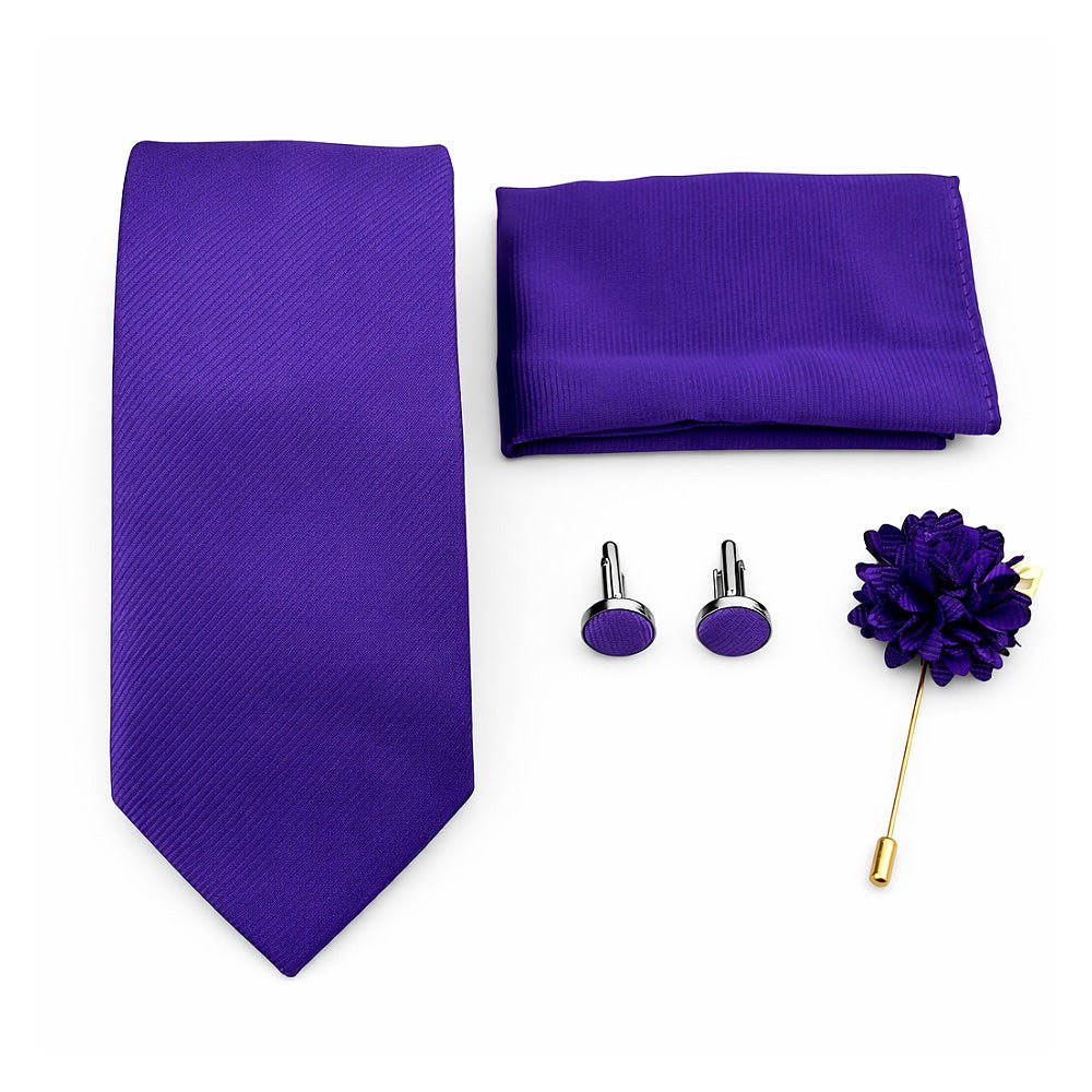 Men's Violet Tie Set with Pocket Square, Cufflinks, and Lapel Pin, Formal Gift Box