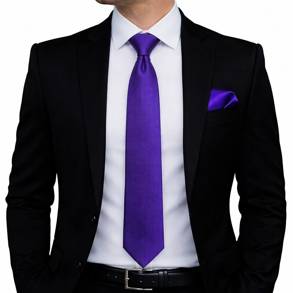 Men's Violet Tie Set with Pocket Square, Cufflinks, and Lapel Pin, Formal Gift Box