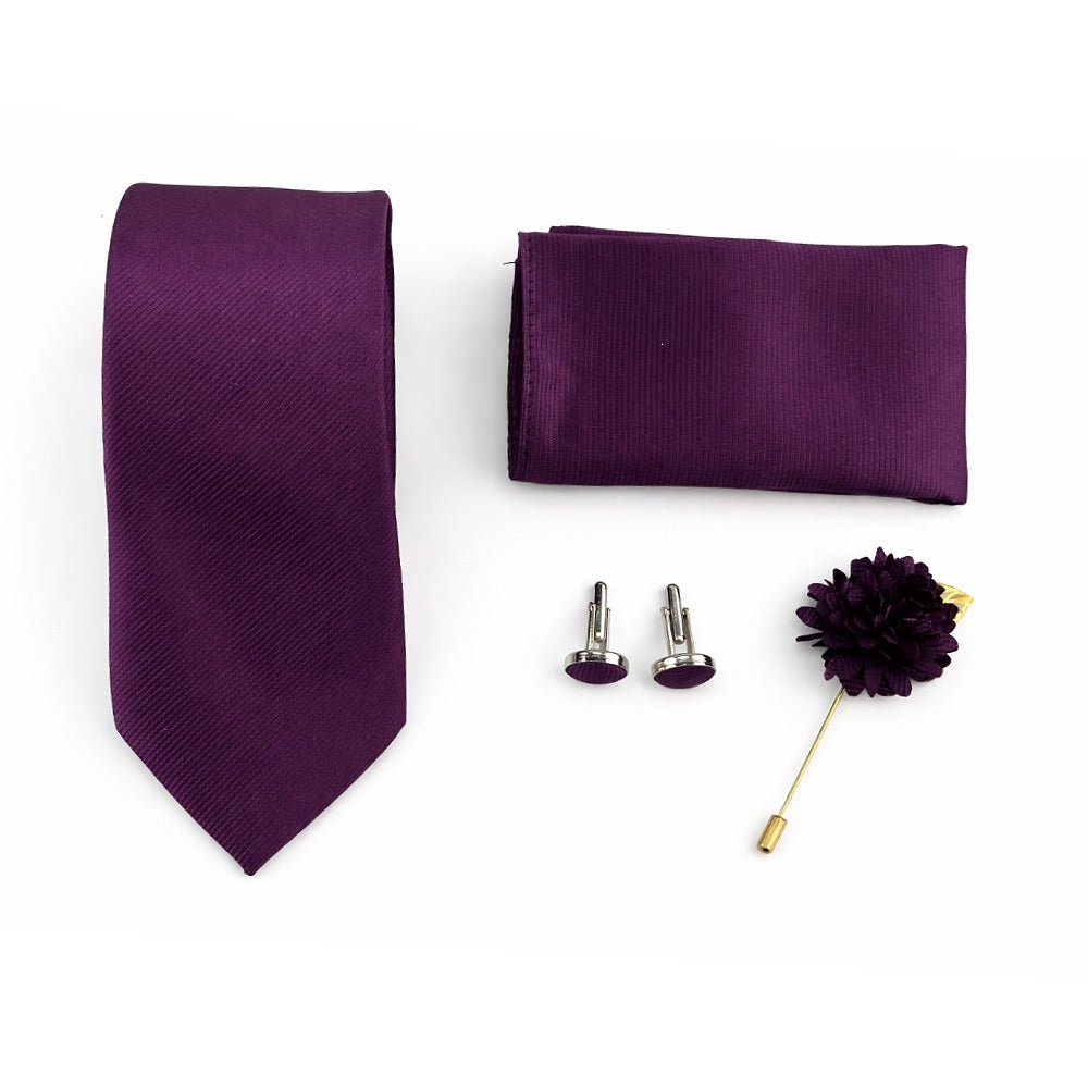 Men's Wine Tie Set with Pocket Square, Cufflinks, and Lapel Pin, Formal Gift Box