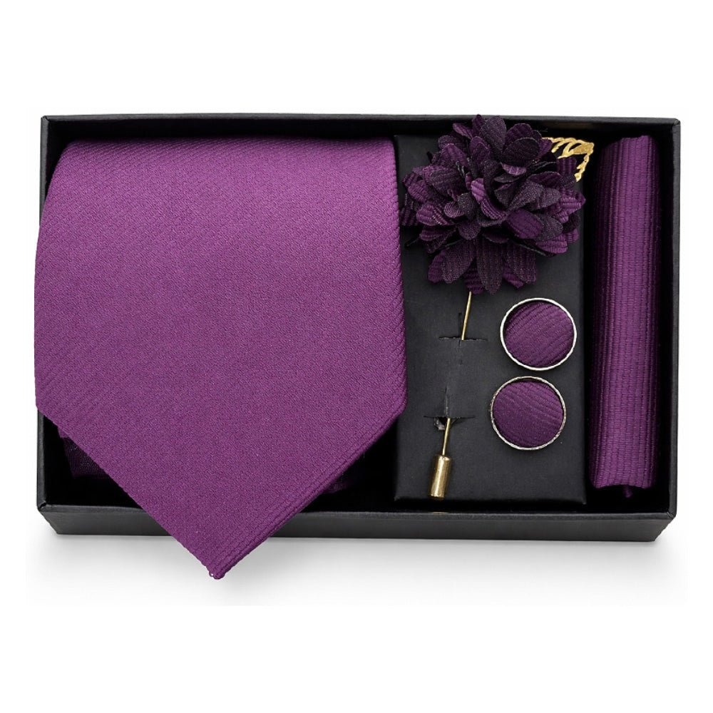 Men's Wine Tie Set with Pocket Square, Cufflinks, and Lapel Pin, Formal Gift Box