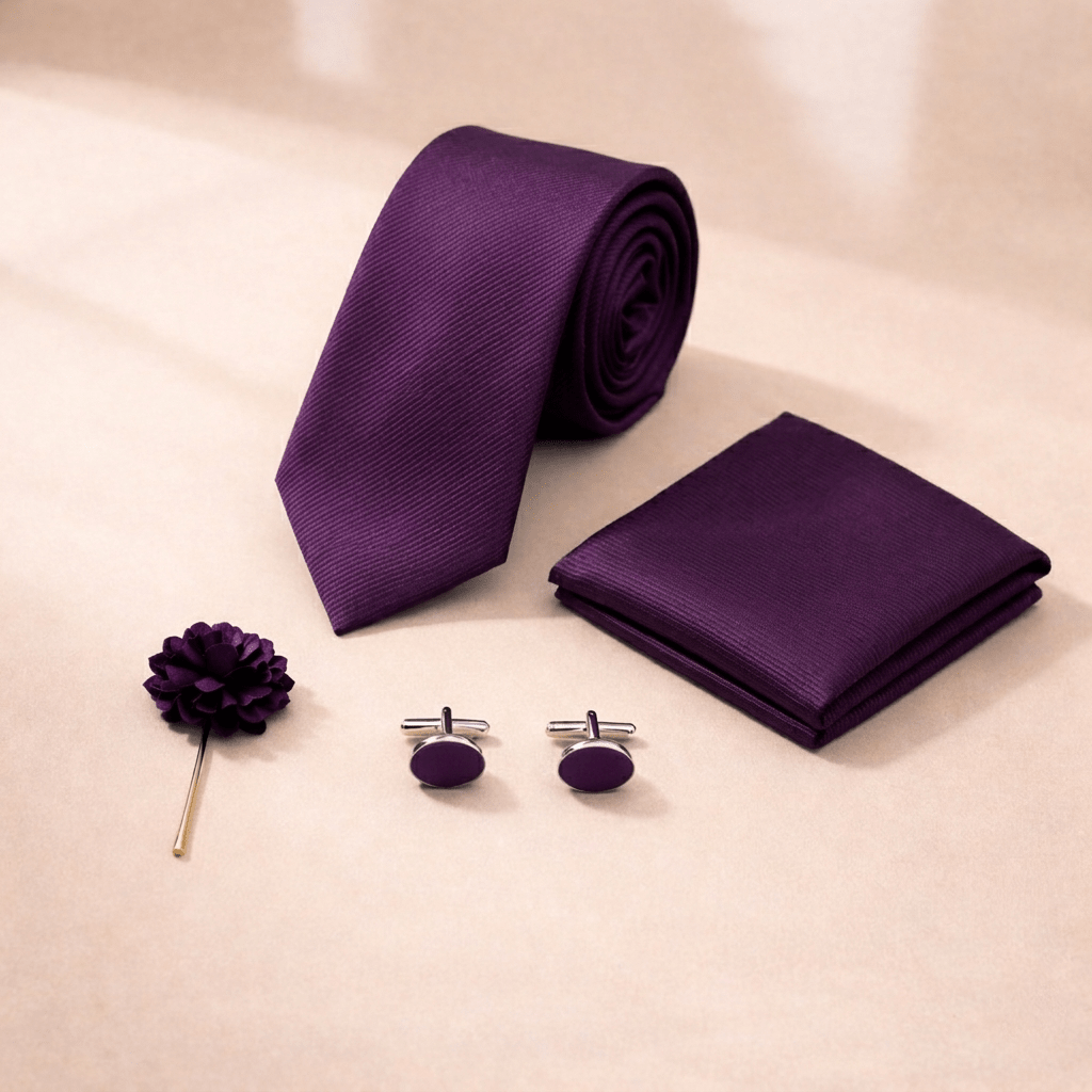 Men's Wine Tie Set with Pocket Square, Cufflinks, and Lapel Pin, Formal Gift Box - Lucas Lia