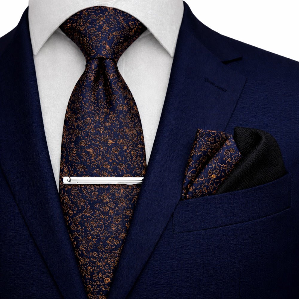 Navy & Orange Floral Bow Tie Set with Pocket Square, Cufflinks, Tie Bar, and Lapel Pins for Formal Occasions