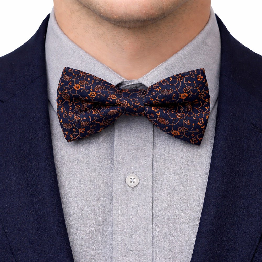 Navy & Orange Floral Bow Tie Set with Pocket Square, Cufflinks, Tie Bar, and Lapel Pins for Formal Occasions