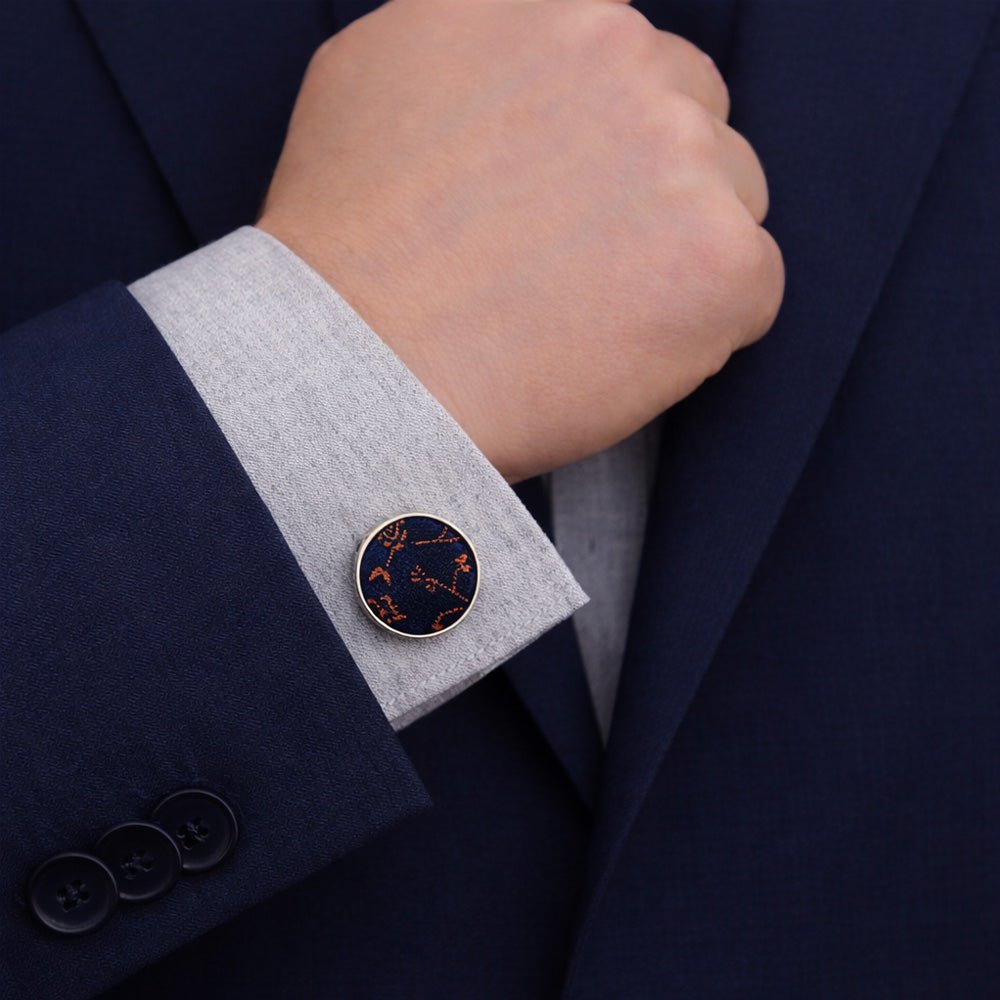 Navy & Orange Floral Bow Tie Set with Pocket Square, Cufflinks, Tie Bar, and Lapel Pins for Formal Occasions