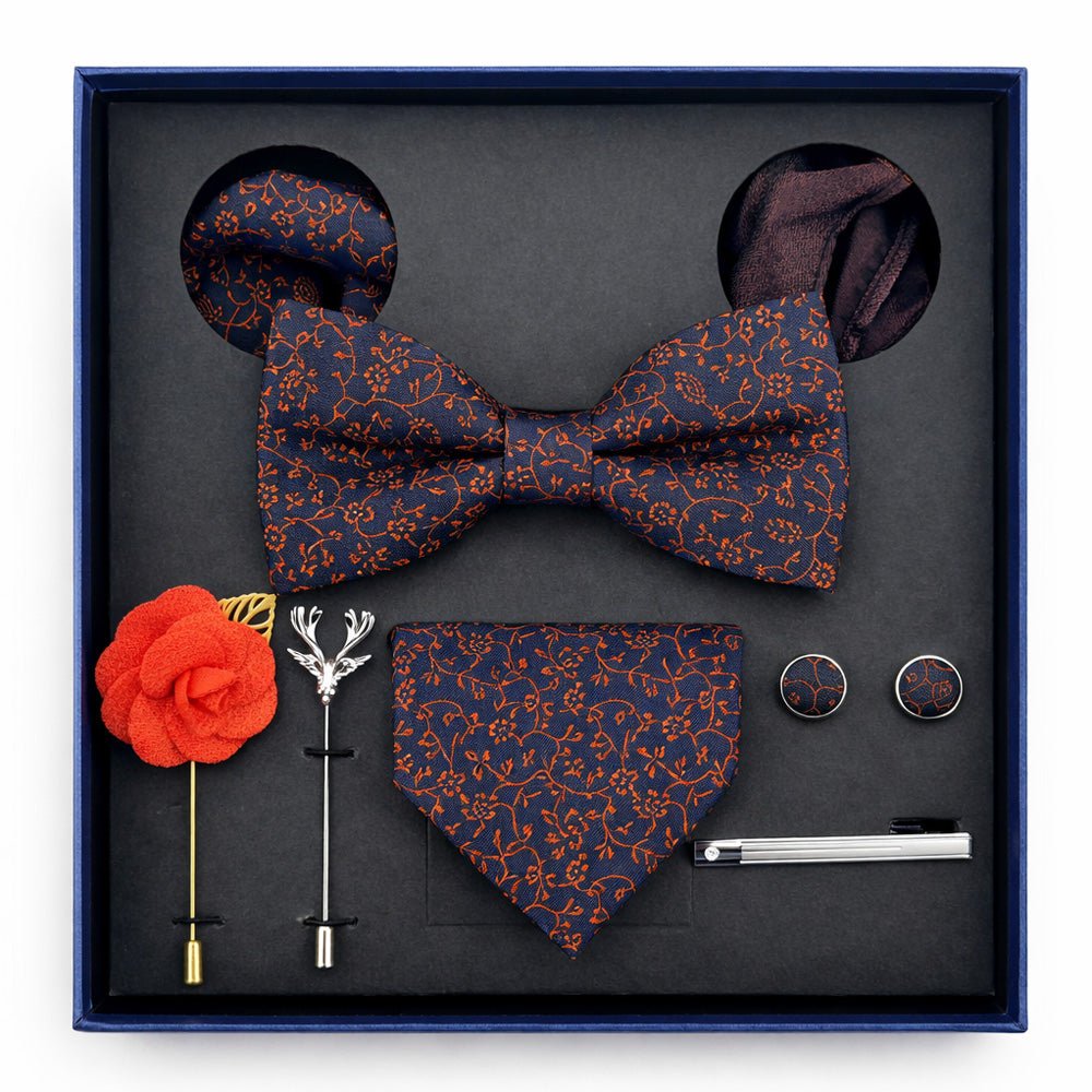 Navy & Orange Floral Bow Tie Set with Pocket Square, Cufflinks, Tie Bar, and Lapel Pins for Formal Occasions - Lucas Lia