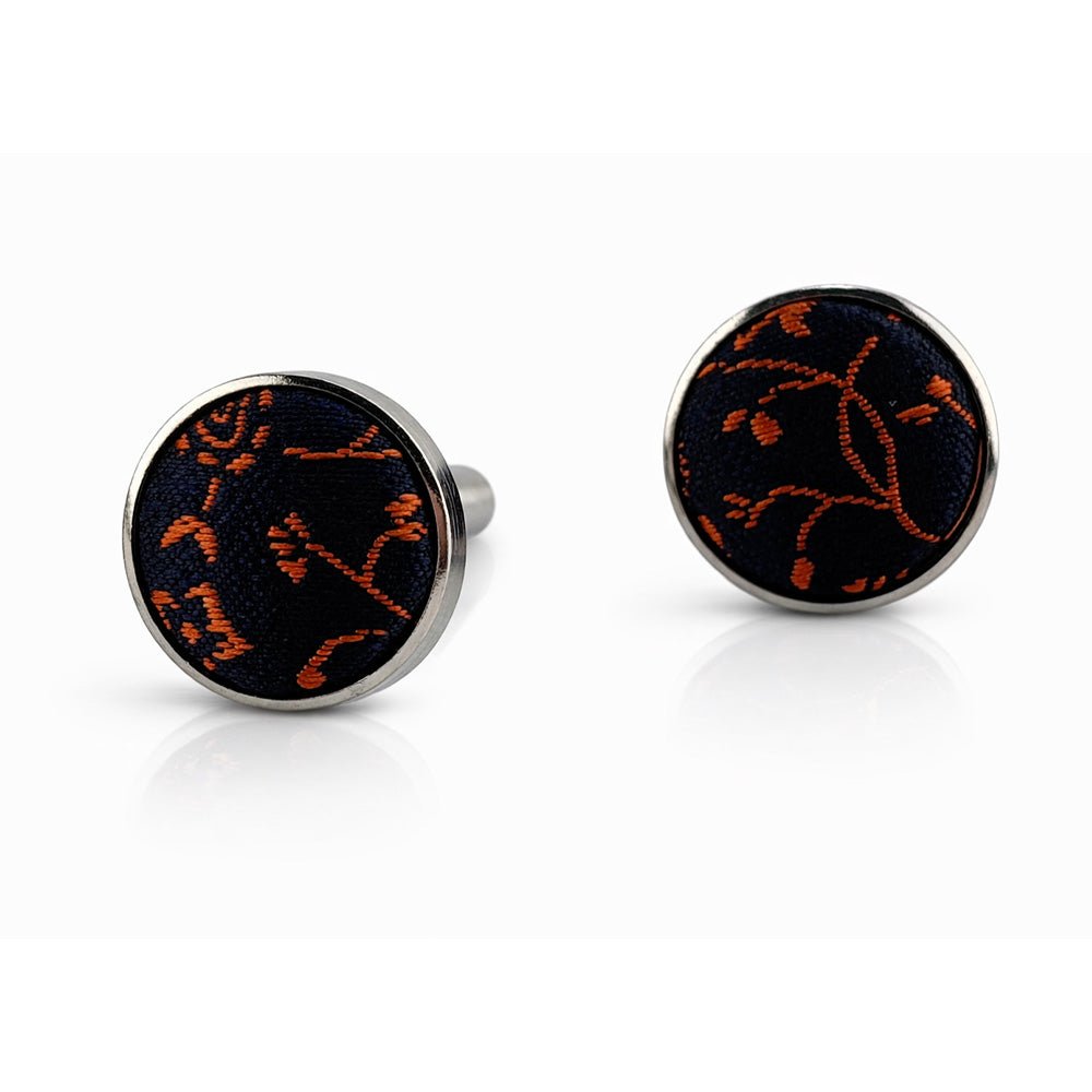 Navy & Orange Floral Bow Tie Set with Pocket Square, Cufflinks, Tie Bar, and Lapel Pins for Formal Occasions