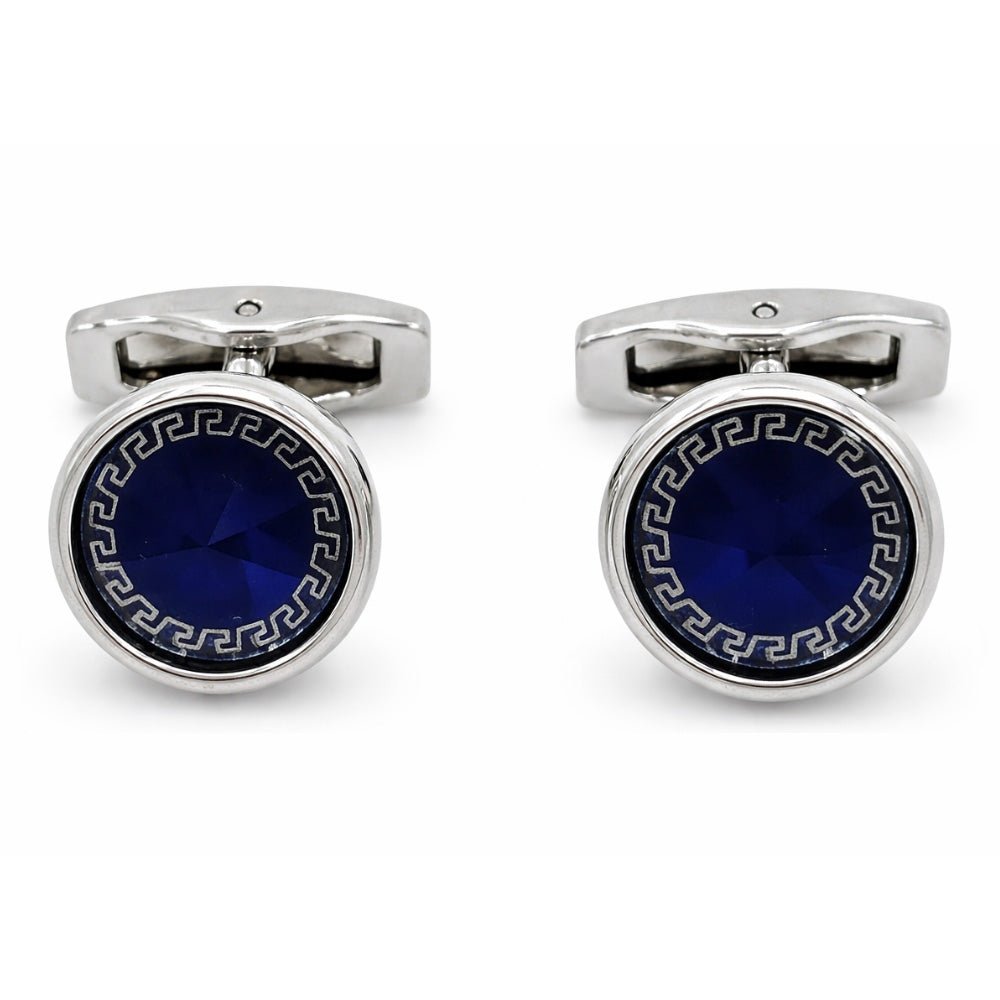 Round Blue Crystal Cufflinks for Men, Silver - Tone with Greek Key Border, Formal Dress Shirt Accessory - Lucas Lia
