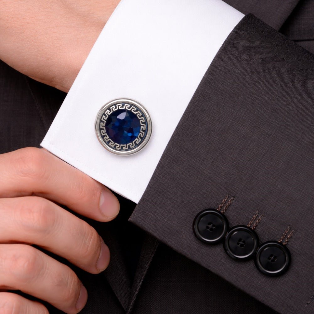 Round Blue Crystal Cufflinks for Men, Silver-Tone with Greek Key Border, Formal Dress Shirt Accessory