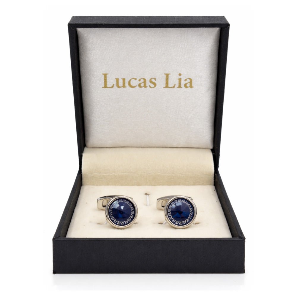 Round Blue Crystal Cufflinks for Men, Silver-Tone with Greek Key Border, Formal Dress Shirt Accessory