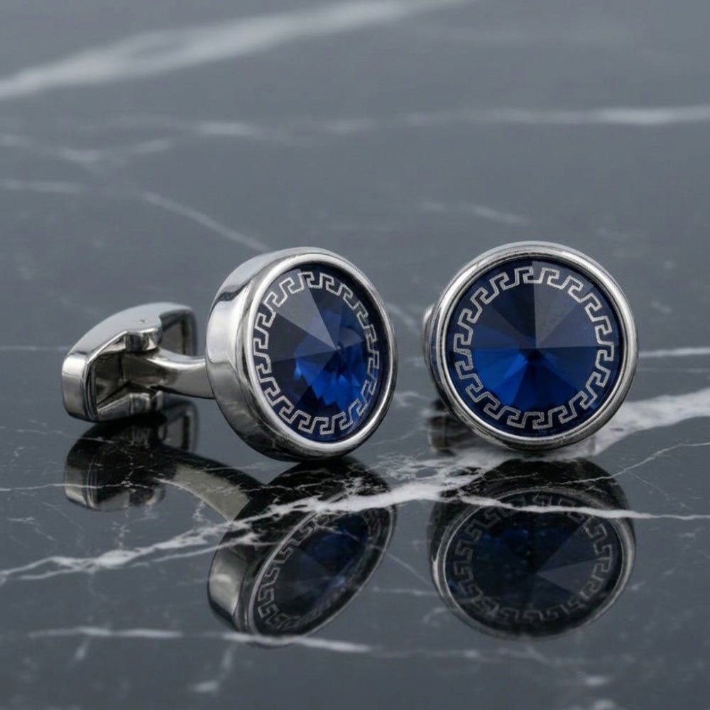 Round Blue Crystal Cufflinks for Men, Silver-Tone with Greek Key Border, Formal Dress Shirt Accessory