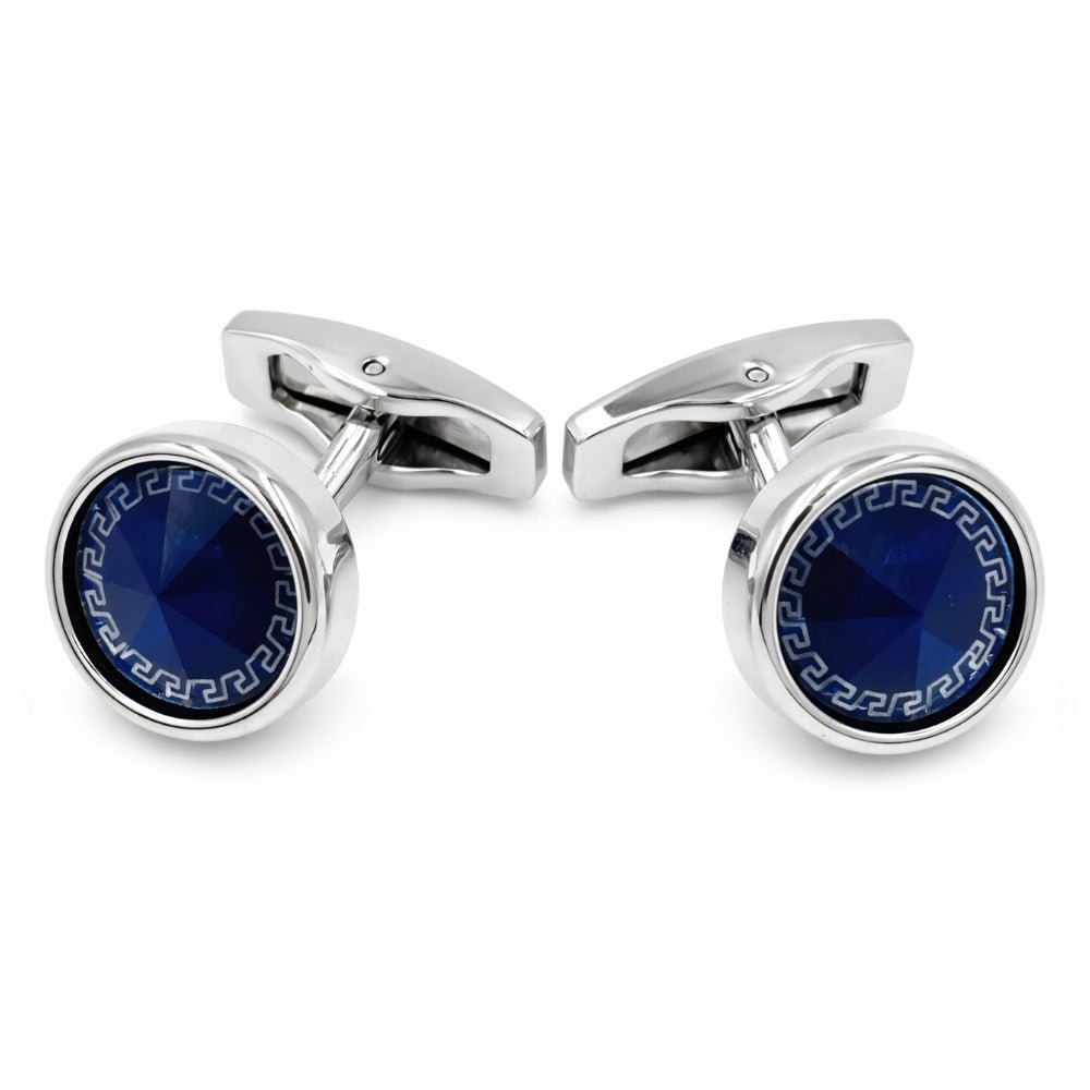 Round Blue Crystal Cufflinks for Men, Silver-Tone with Greek Key Border, Formal Dress Shirt Accessory
