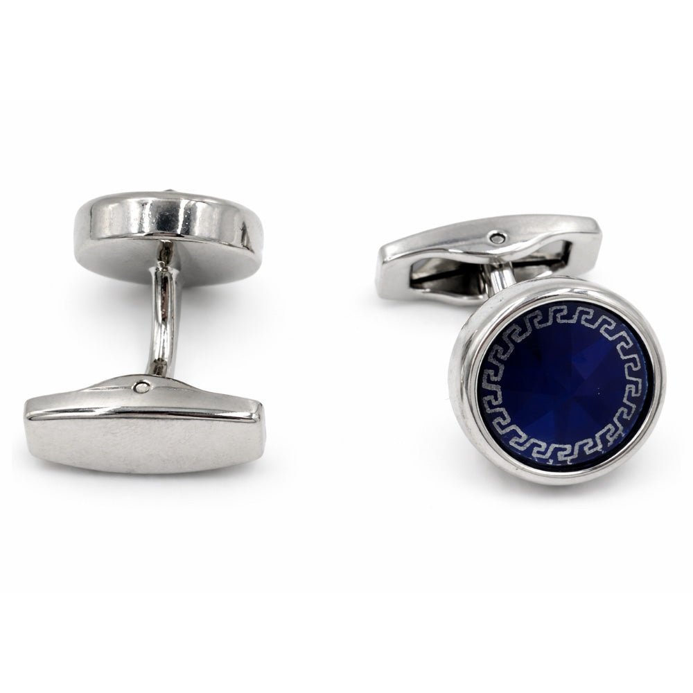 Round Blue Crystal Cufflinks for Men, Silver-Tone with Greek Key Border, Formal Dress Shirt Accessory