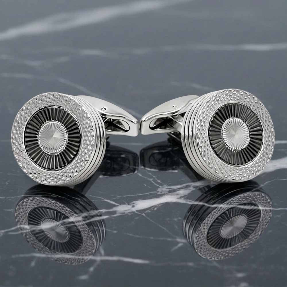 Round Cufflinks for Men, Silver and Black, Textured Sunburst Design, Formal Dress Accessory