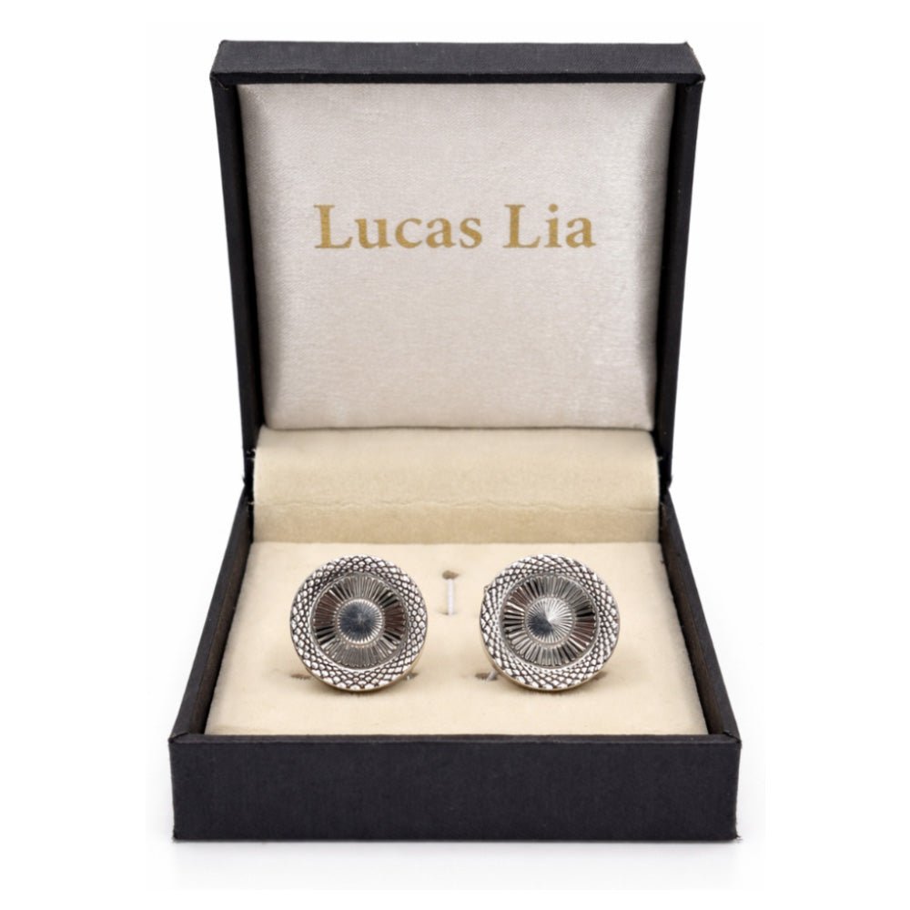 Round Cufflinks for Men, Silver and Black, Textured Sunburst Design, Formal Dress Accessory
