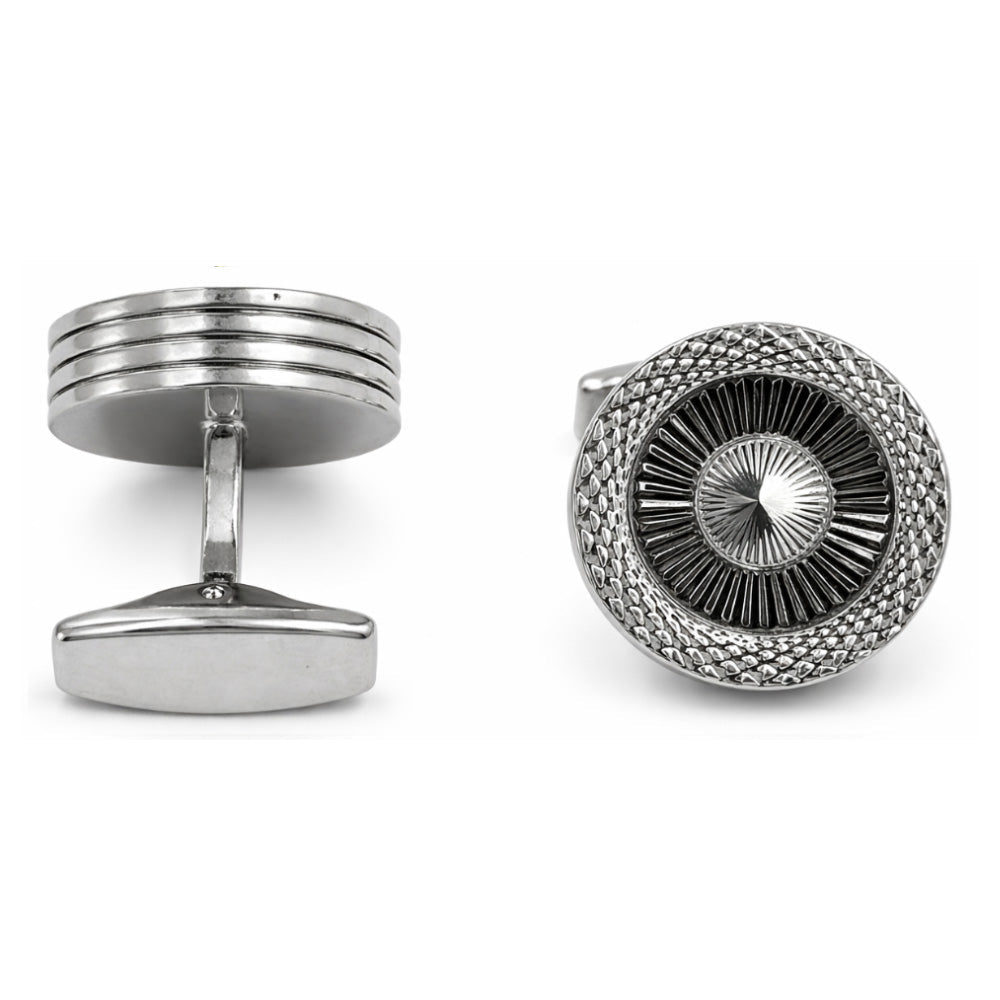 Round Cufflinks for Men, Silver and Black, Textured Sunburst Design, Formal Dress Accessory