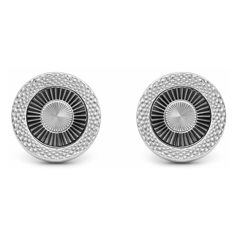 Round Cufflinks for Men, Silver and Black, Textured Sunburst Design, Formal Dress Accessory - Lucas Lia