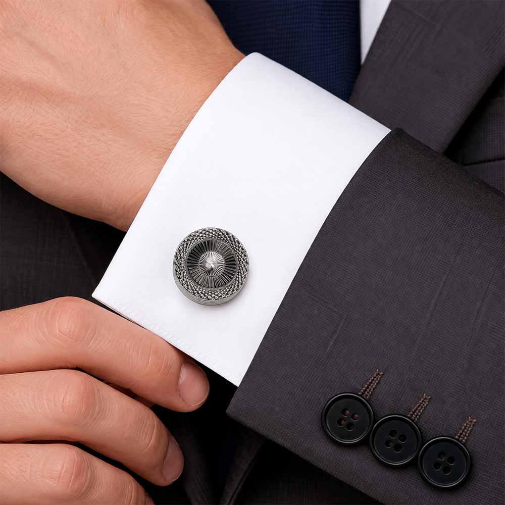 Round Cufflinks for Men, Silver and Black, Textured Sunburst Design, Formal Dress Accessory