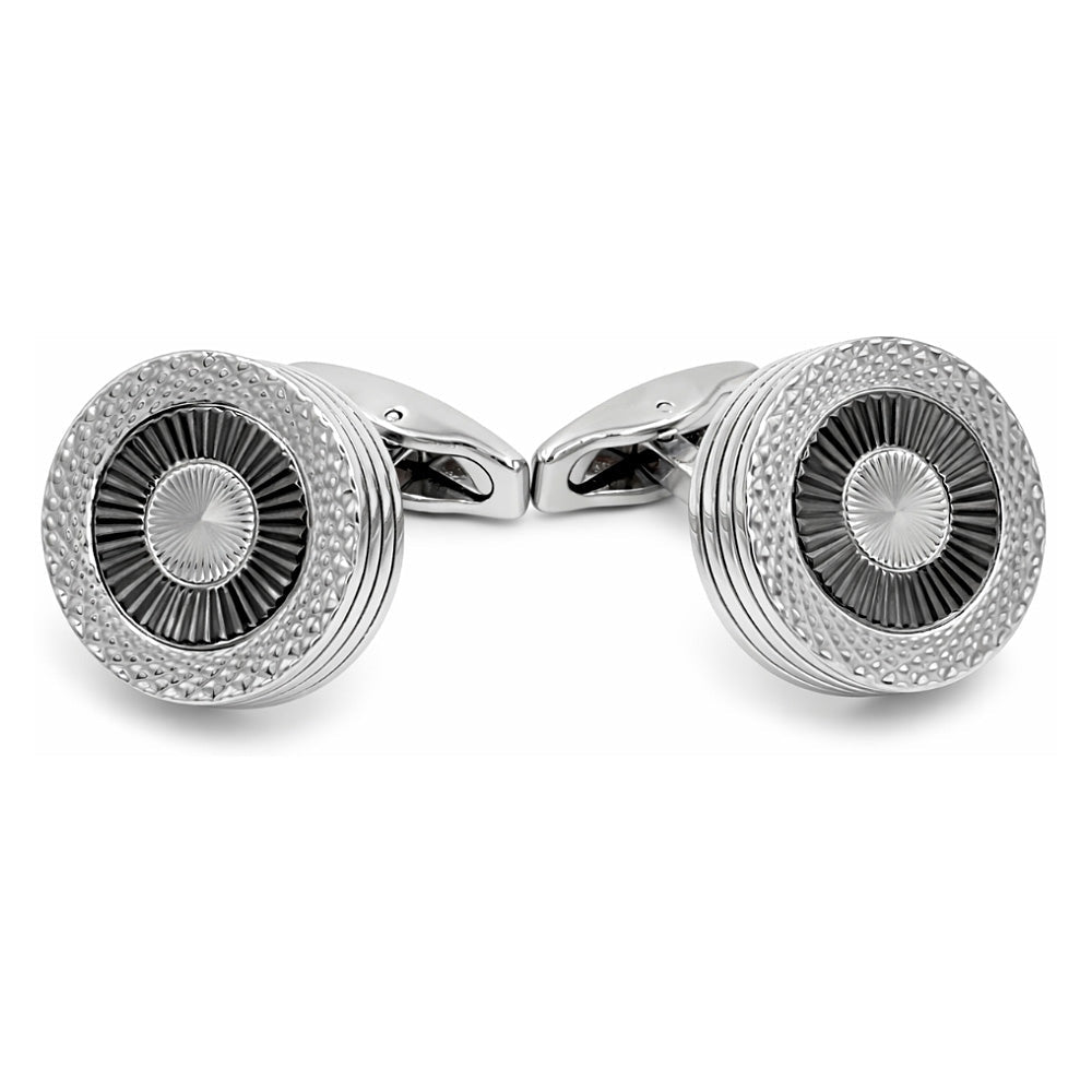 Round Cufflinks for Men, Silver and Black, Textured Sunburst Design, Formal Dress Accessory