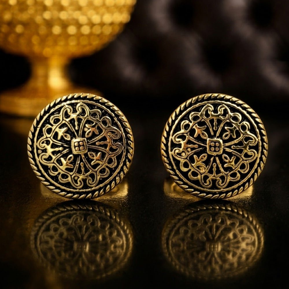 Round Gold-Tone Cufflinks, Antique Filigree Cross Design, Black Accent, Men's Formal Accessory