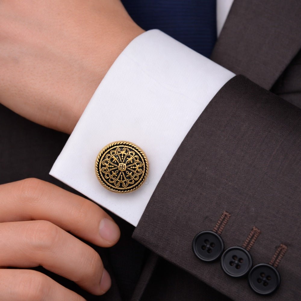 Round Gold-Tone Cufflinks, Antique Filigree Cross Design, Black Accent, Men's Formal Accessory