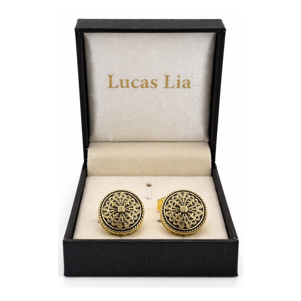 Round Gold-Tone Cufflinks, Antique Filigree Cross Design, Black Accent, Men's Formal Accessory
