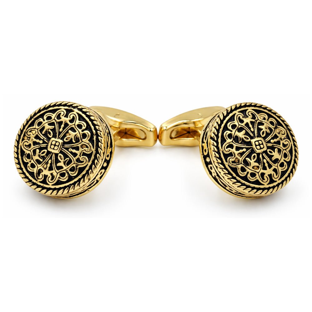 Round Gold-Tone Cufflinks, Antique Filigree Cross Design, Black Accent, Men's Formal Accessory