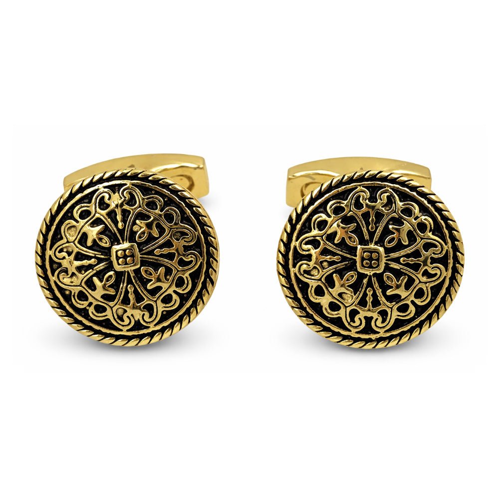 Round Gold - Tone Cufflinks, Antique Filigree Cross Design, Black Accent, Men's Formal Accessory - Lucas Lia