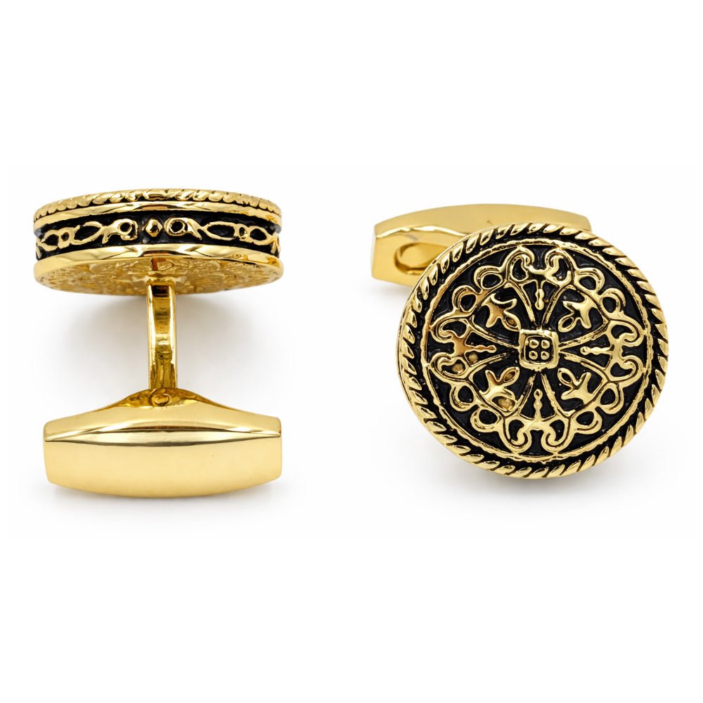 Round Gold-Tone Cufflinks, Antique Filigree Cross Design, Black Accent, Men's Formal Accessory