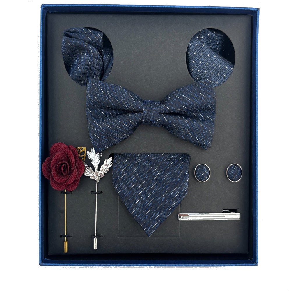 Royal Night Striped Luxury Bow Tie Set with Pocket Square, Cufflinks, Tie Bar, and Lapel Pins for Formal Occasions - Lucas Lia