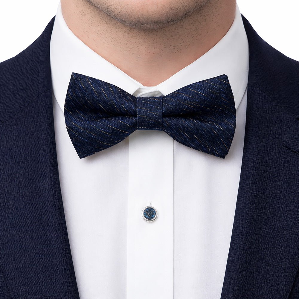 Royal Night Striped Luxury Bow Tie Set with Pocket Square, Cufflinks, Tie Bar, and Lapel Pins for Formal Occasions