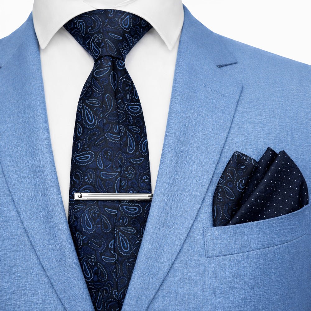 Royal Sapphire Paisley Bow Tie Set with Pocket Square, Cufflinks, Tie Bar, and Lapel Pins for Formal Occasions