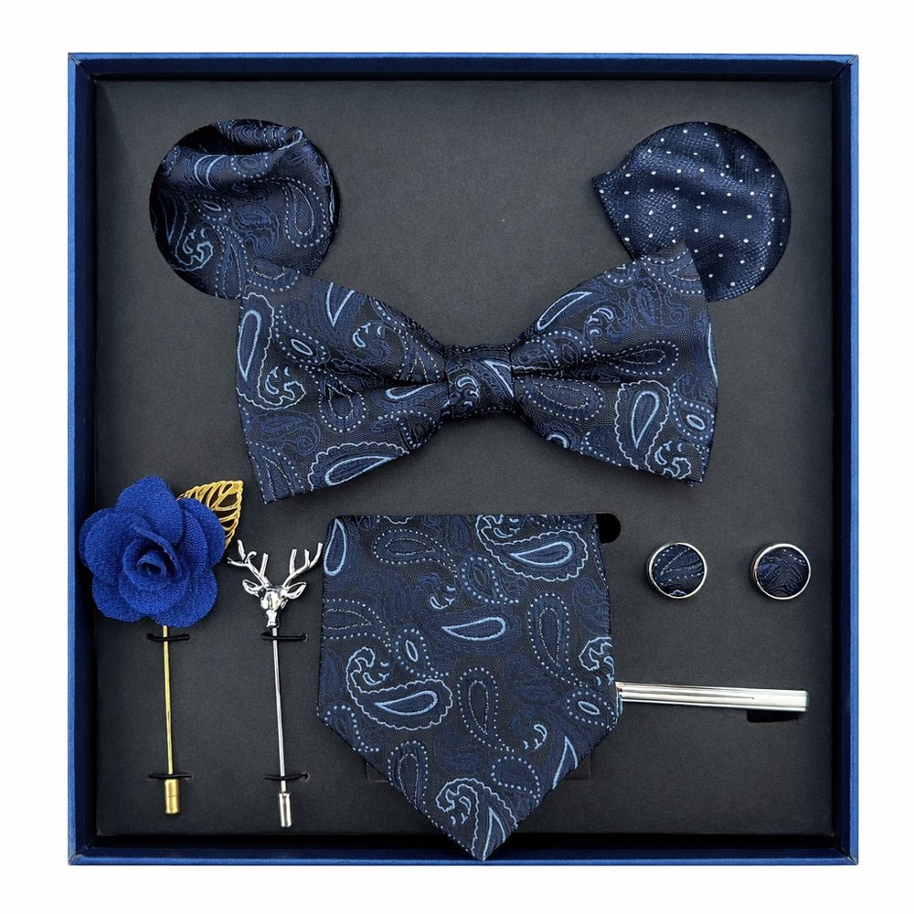Royal Sapphire Paisley Bow Tie Set with Pocket Square, Cufflinks, Tie Bar, and Lapel Pins for Formal Occasions - Lucas Lia