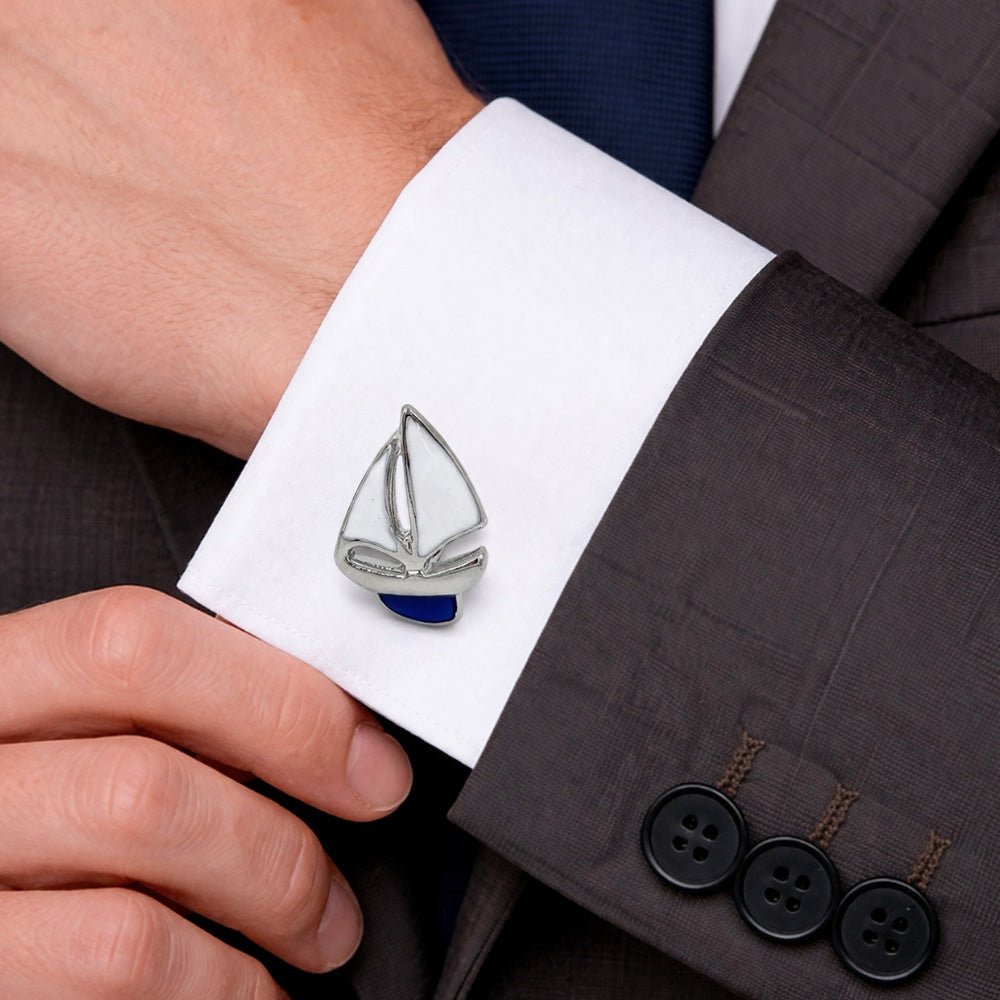 Sailboat Cufflinks for Men, Silver and Blue Enamel, Nautical Theme, White Sails Design Set 2