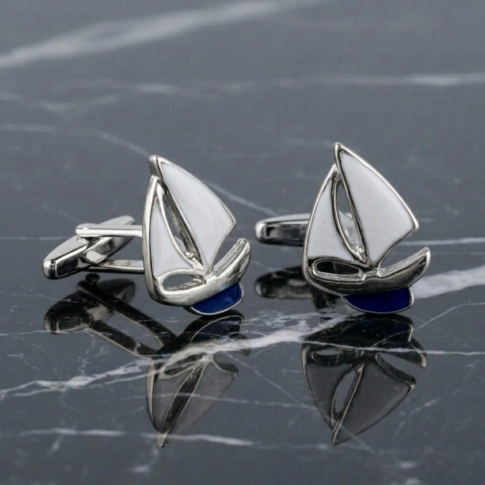 Sailboat Cufflinks for Men, Silver and Blue Enamel, Nautical Theme, White Sails Design Set 2