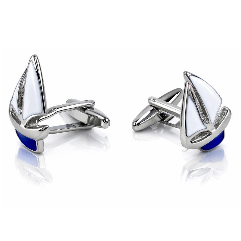 Sailboat Cufflinks for Men, Silver and Blue Enamel, Nautical Theme, White Sails Design Set 2