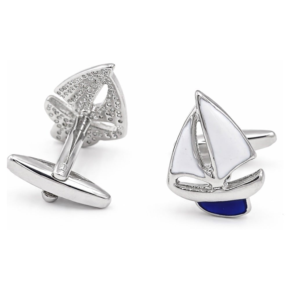 Sailboat Cufflinks for Men, Silver and Blue Enamel, Nautical Theme, White Sails Design Set 2