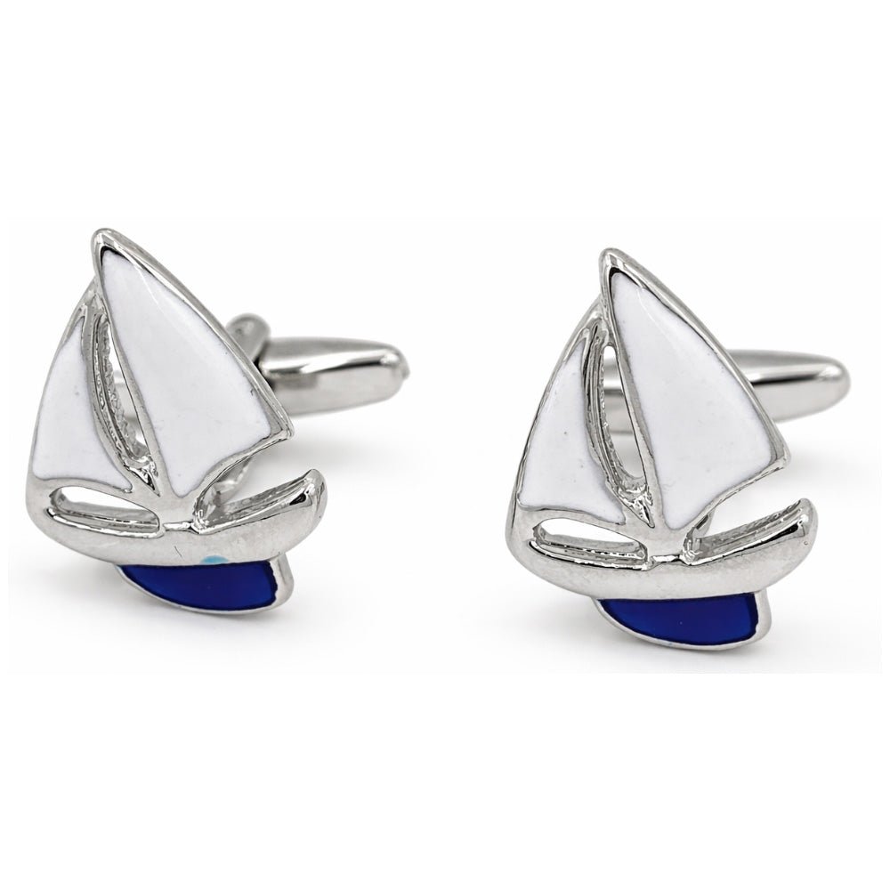 Sailboat Cufflinks for Men, Silver and Blue Enamel, Nautical Theme, White Sails Design Set 2 - Lucas Lia