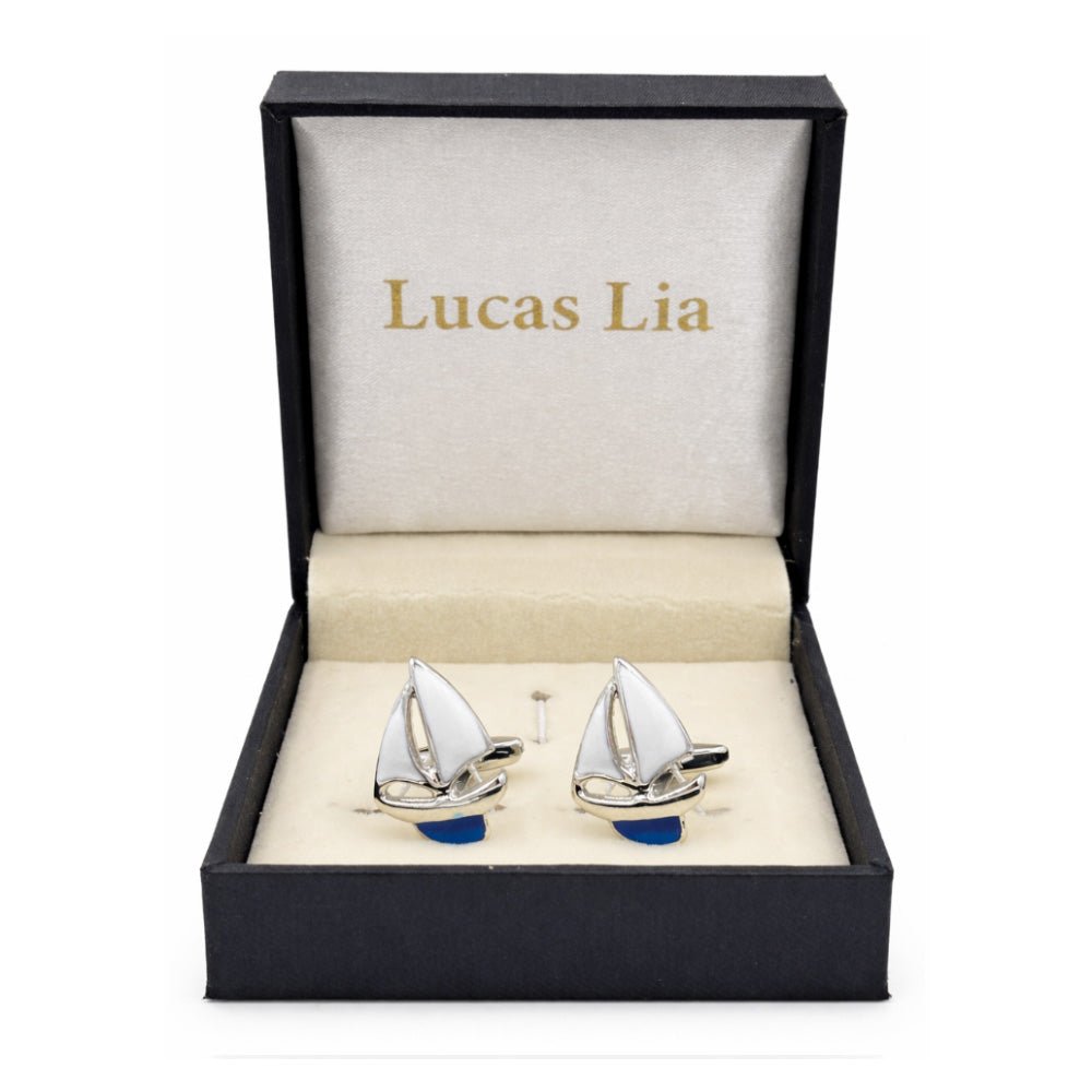 Sailboat Cufflinks for Men, Silver and Blue Enamel, Nautical Theme, White Sails Design Set 2