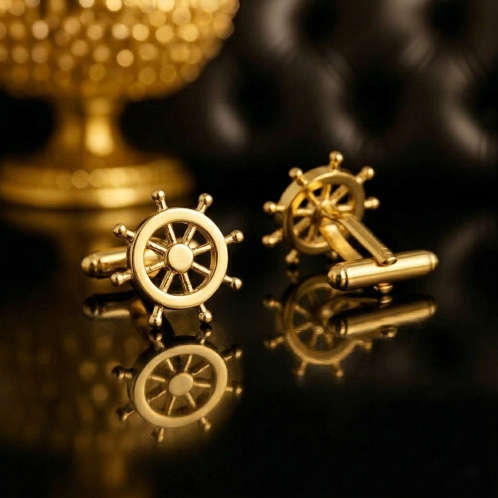 Ship's Wheel Cufflinks, Gold Tone, Nautical Theme, Men's Formal Accessories