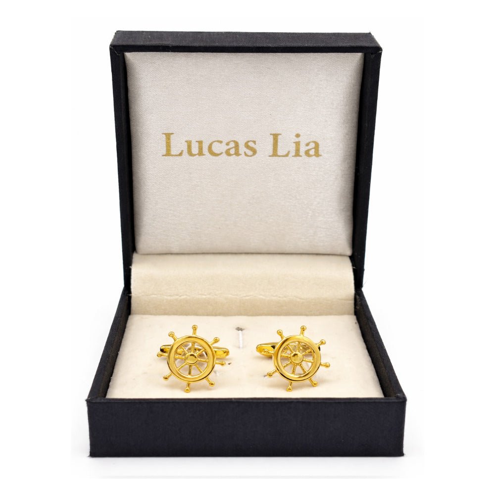 Ship's Wheel Cufflinks, Gold Tone, Nautical Theme, Men's Formal Accessories