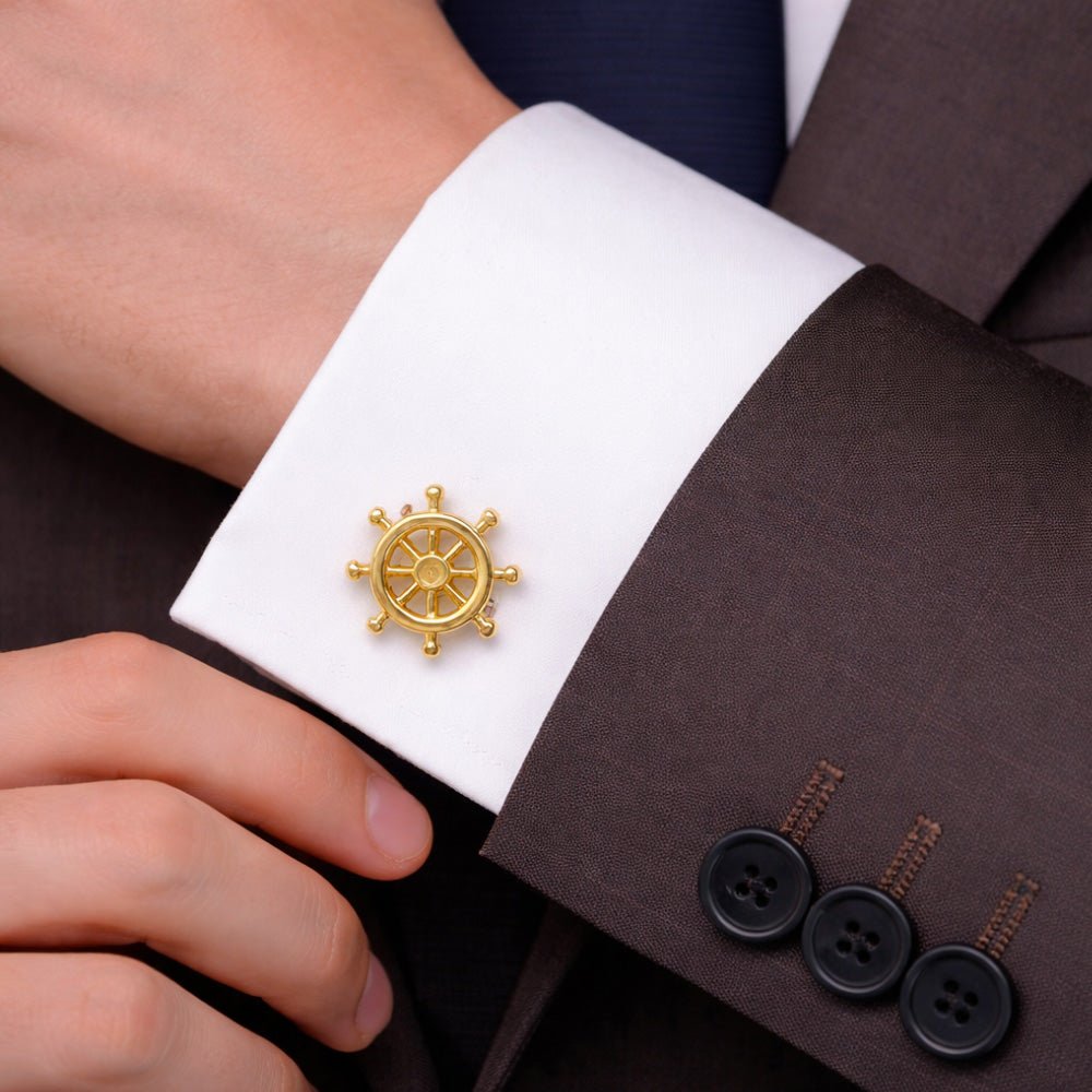 Ship's Wheel Cufflinks, Gold Tone, Nautical Theme, Men's Formal Accessories