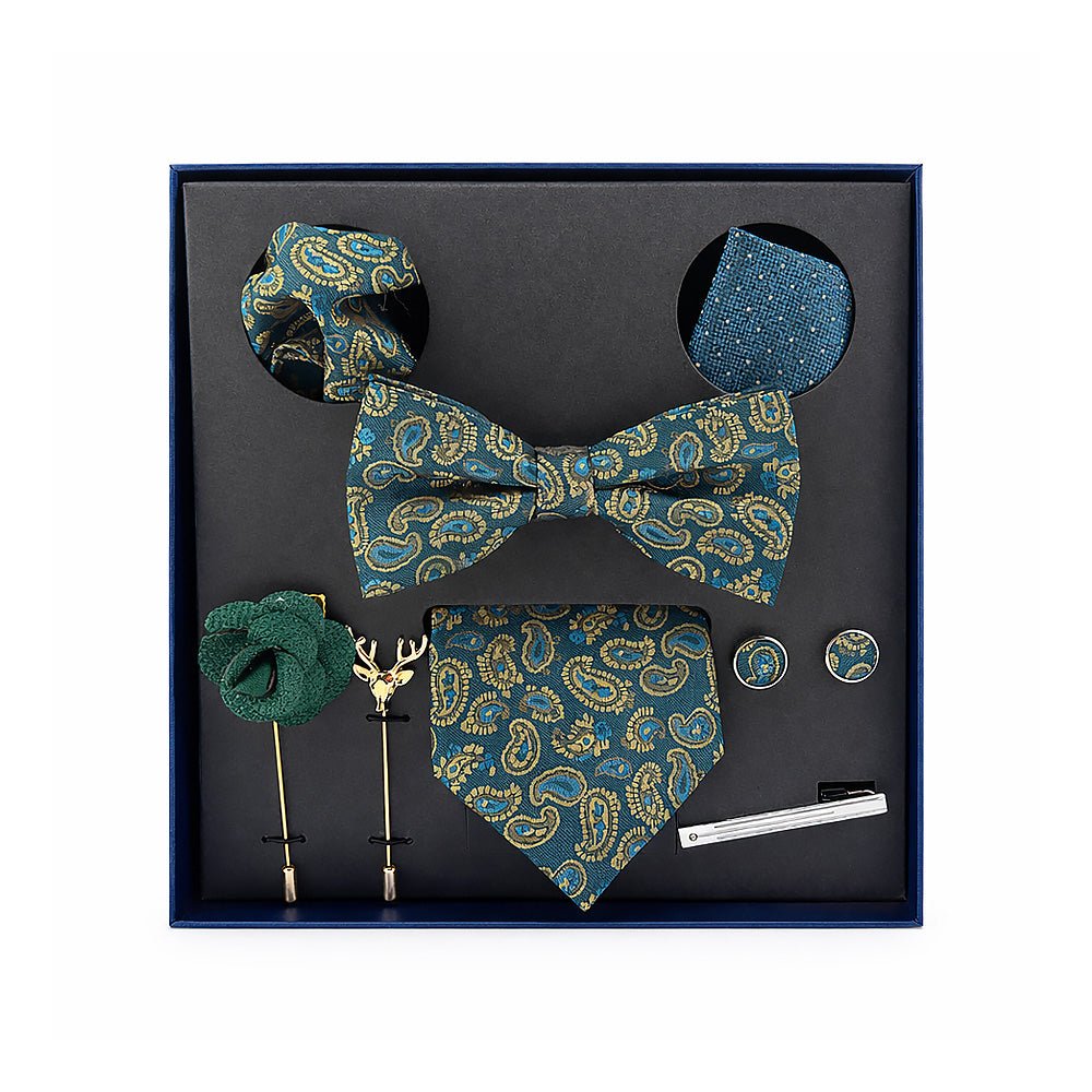 Teal & Gold Paisley Bow Tie Set - Lucas Lia
