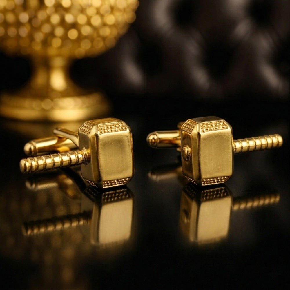 Thor Hammer Mjolnir Cufflinks, Gold Tone, Metal, Novelty Superhero Theme, Set of 2